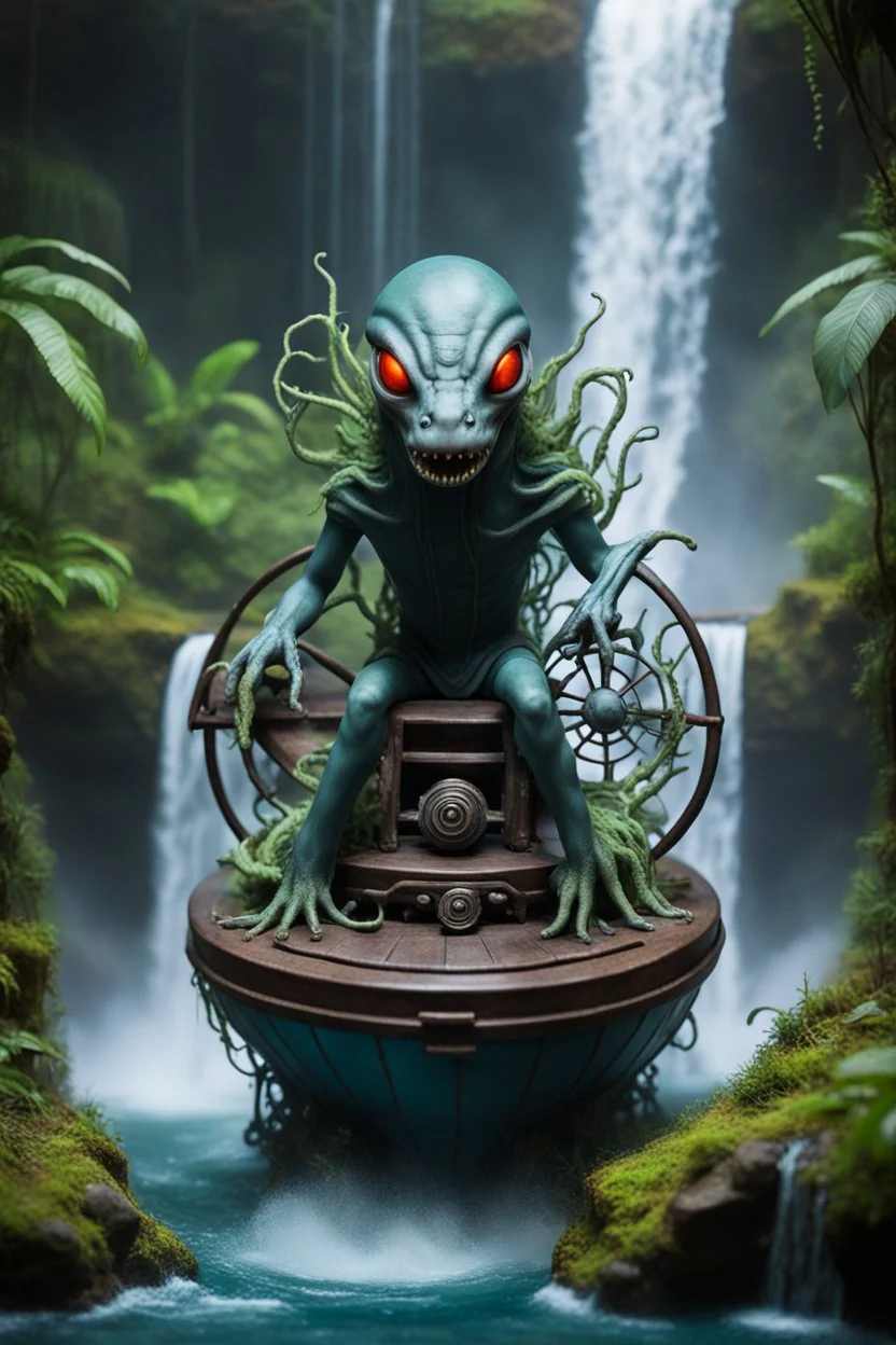 action figure of an alien electric eel necromancer on round swamp boat beholder eye wheel throne in a charged foggy jungle waterfall