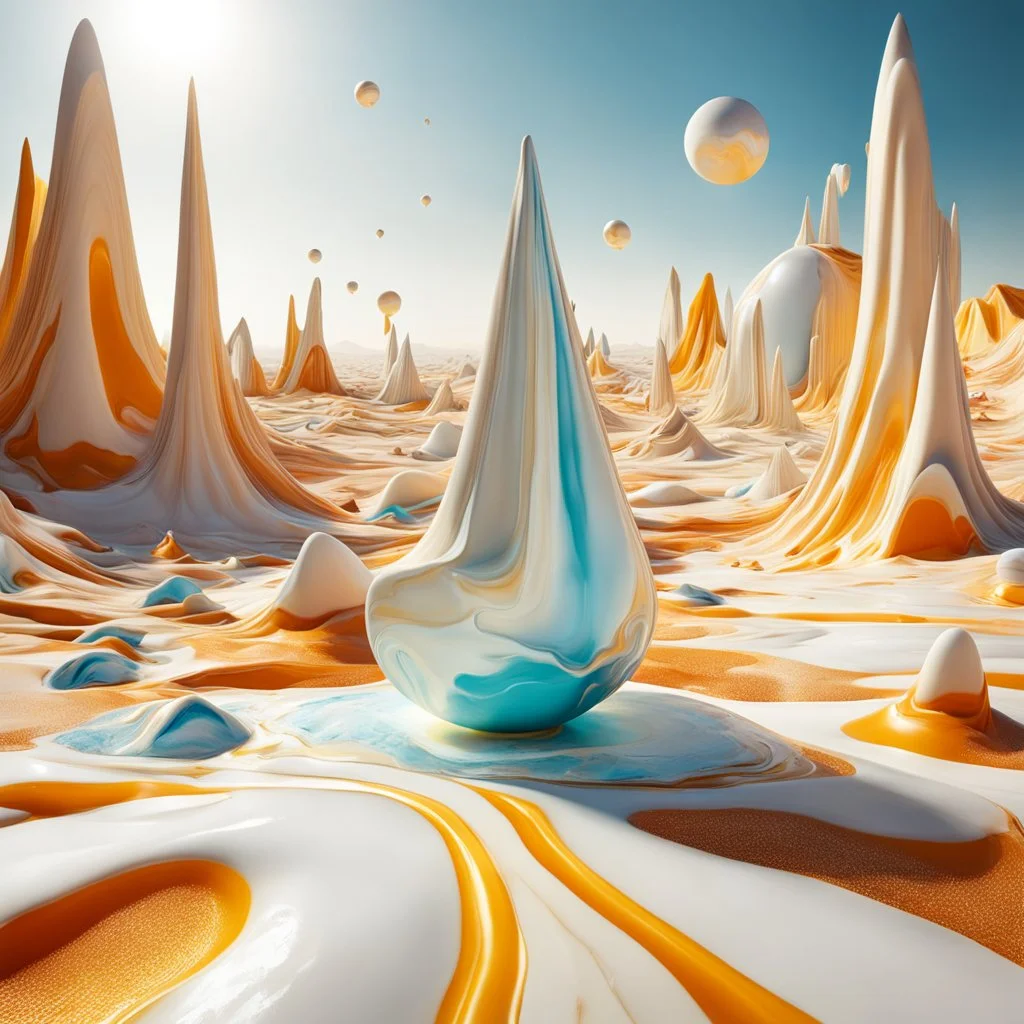 Bright, glittering, 3d, marble-like, surreal objects in a bright environment, desert, noon light, melting cream, Yves Tanguy style