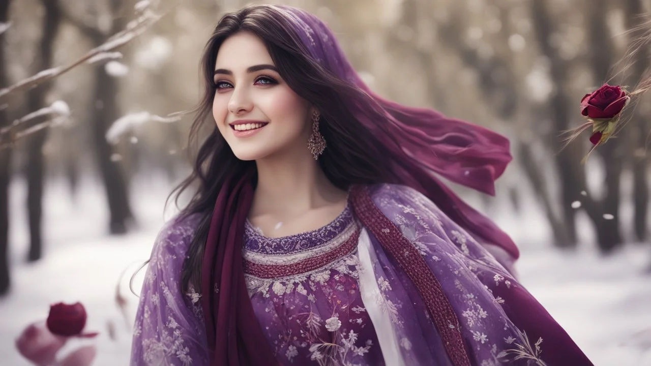 Hyper Realistic Close-up-face-view of a Beautiful Young Happy Pashto Girl with beautiful-eyes & long-black-hair smiling & wearing purple-&-white-embroidery-dress-with-maroon-shawl whirling with breeze, tall-grass along with a thick-trees & Rose-petals-whirling & snowfall-day showing dramatic & cinematic ambiance