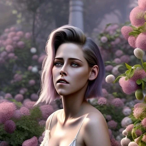 pixar style, volumetric summer garden environment and background, realistic painting of Kristen Stewart, looking excited, volumetric lighting, dramatic lighting, detailed digital painting, extreme dense and fine fur, anime, ornate, colour-washed colors, elegant, small minutiae, tiny features, particulars, centered, smooth, sharp focus, renderman gofur render, 8k, uhd, detailed eyes, realistic shaded volumetric lighting, sunlight caustics, backlight, centered camera view