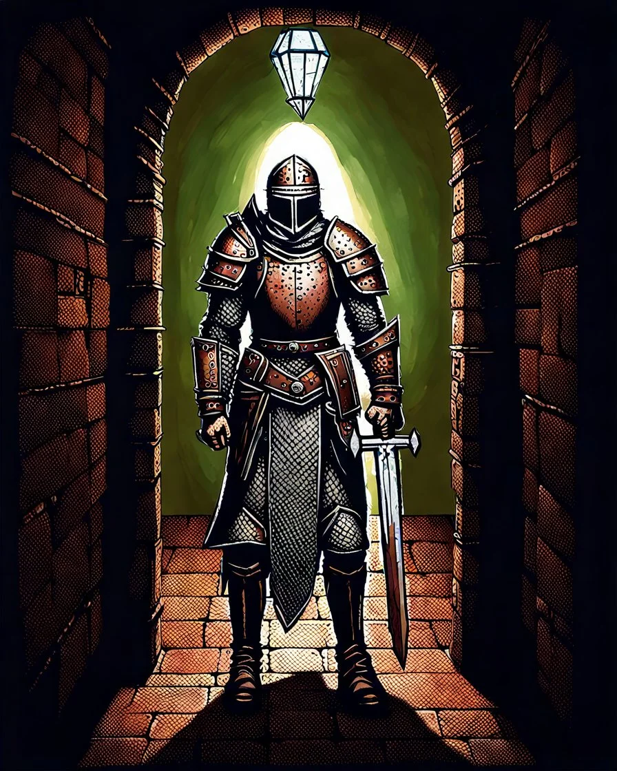 A frightening castle dungeon hallway with an knight warrior in rusty chainmail holding a zweihander painterly rpg art