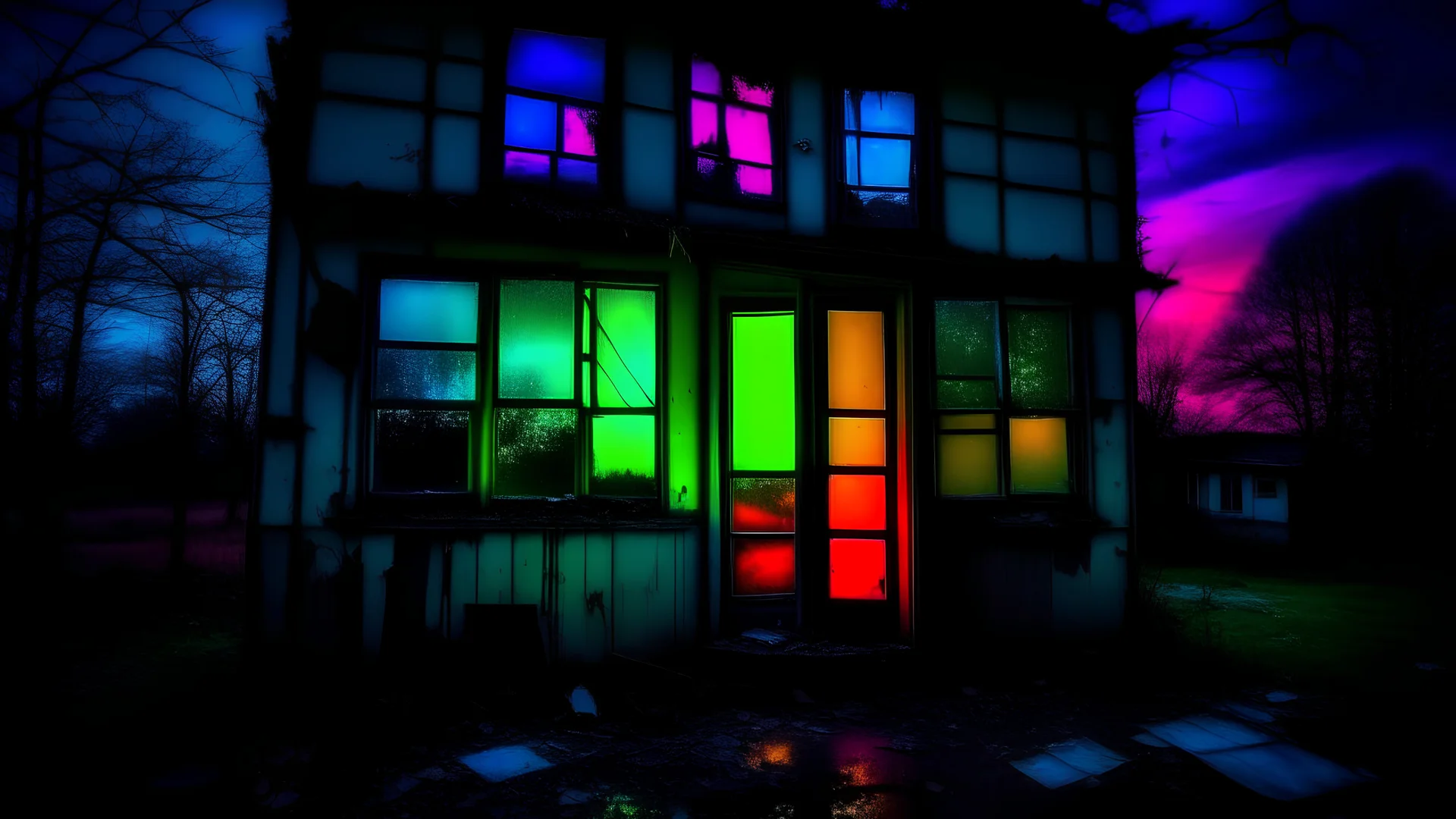 Abandoned house with broken glass through which jets of brightly colored liquid escape in a dark environment and dawn