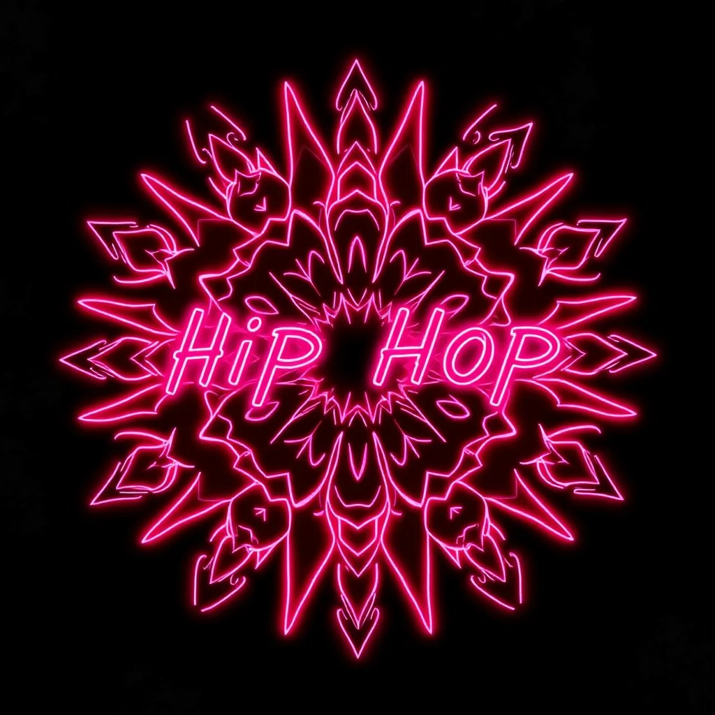 Hip Hop Wireframe Pink & Maroon Neon Mandala On Grunge Black Background.