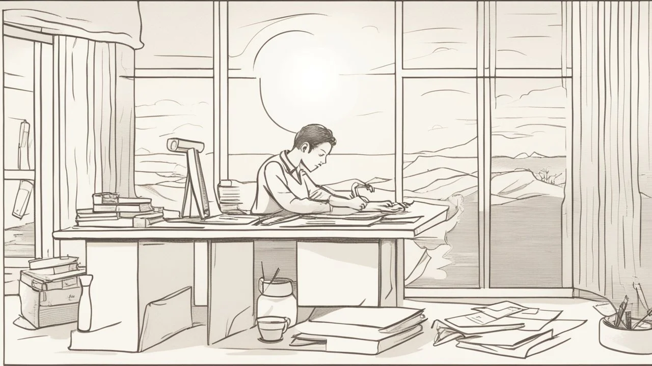 The image depicts an individual seated at their desk, meticulously crafting an organized daily schedule on a large sheet of paper in front of them. The image showcases attention to detail, as the person uses a pen to delineate different times and tasks on the schedule. The sun is seen rising behind a window, signifying the beginning of a new day full of possibilities. This image emphasizes the importance of good planning and creating an effective daily schedule to achieve success and enhance pro