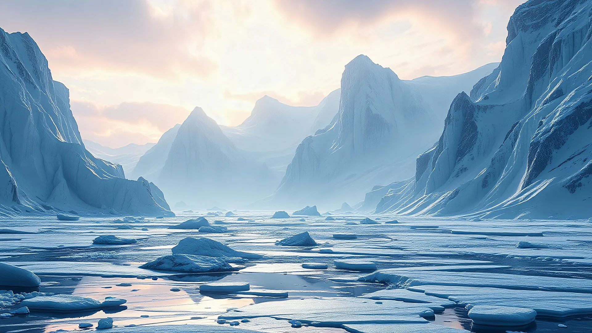 an arctic landscape that looks futuristic with futuristic lighting, realistic rendering