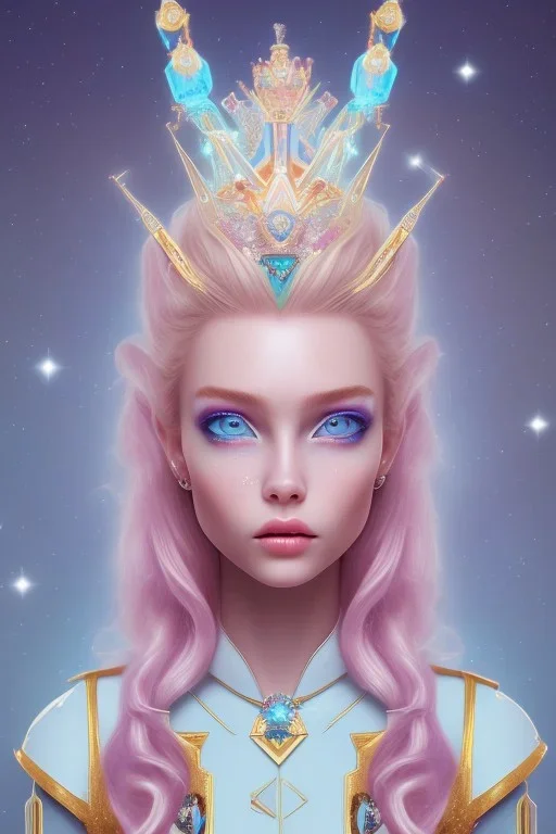 cosmic petit prince belle fine, profil de trois quart, grand front cosmique, peau bleu cristalline, yeux bleu, perle sur le front long cheveux blond et rose etoilé, cristaux sur le corps, collier de grande princesse, levres souriante, très jolie sourire