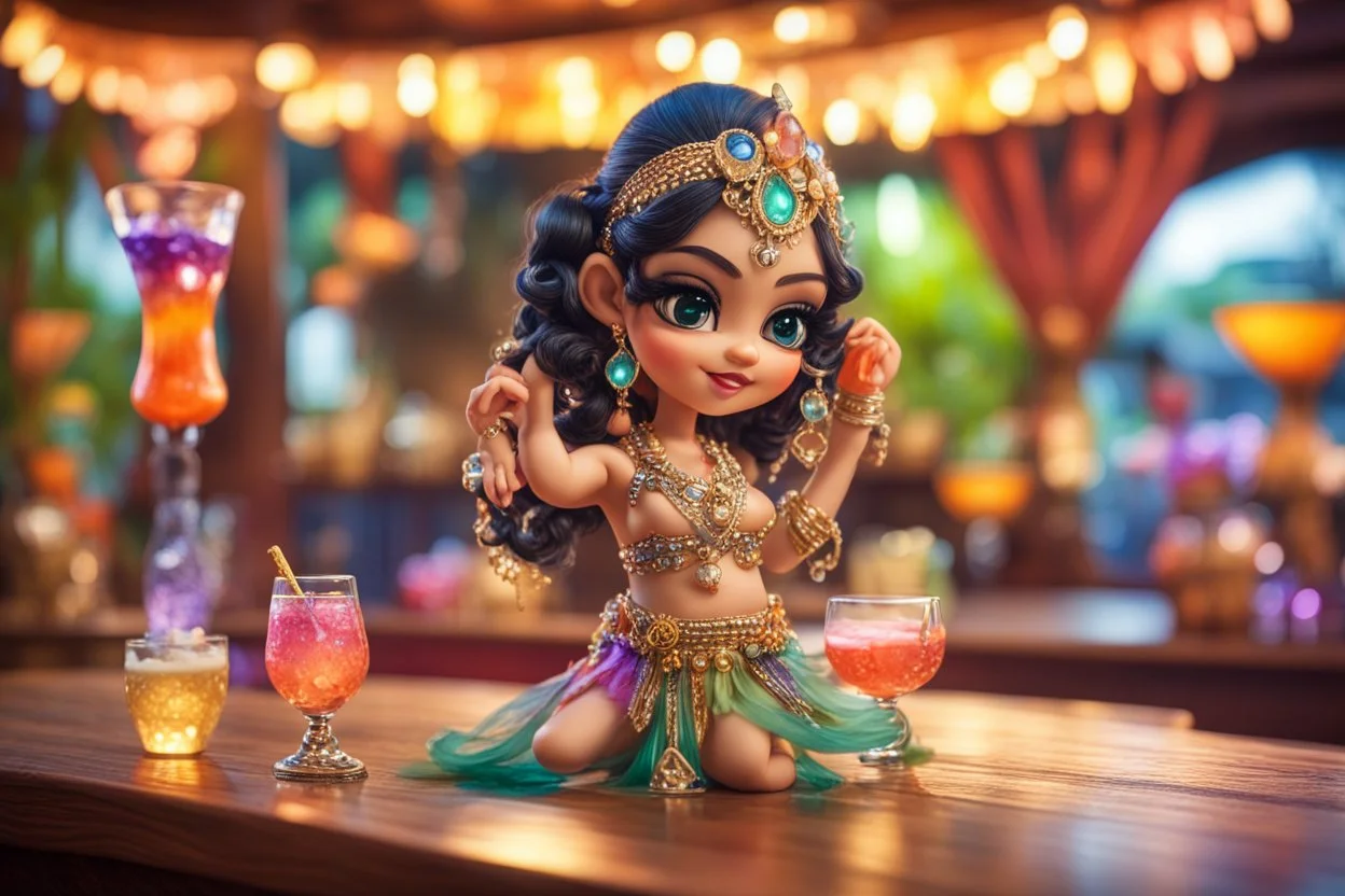 Coloured glass cute chibi belly dancer in the tiki bar with cocktails set with gemstones, glittering metal stems and gemstone leaves on a room table sharp focus elegant extremely detailed intricate very attractive beautiful dynamic lighting fantastic view crisp quality exquisite detail gems and jewels S<AI in sunshine Weight:1 Professional photography, bokeh, natural lighting, canon lens, shot on dslr 64 megapixels sharp focus Weight:0.9