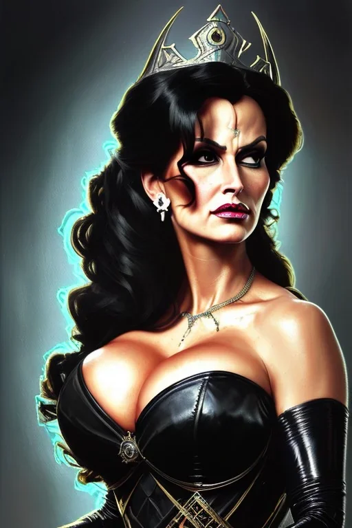 painting of lisa ann as evil queen in black leather, feminie, angry, stern look on her face, volouptous, busty, cleavage, emperious, mature, highly detailed, digital painting, artstation, concept art, smooth, sharp focus, illustration, art by gaston bussiere and alphonse mucha