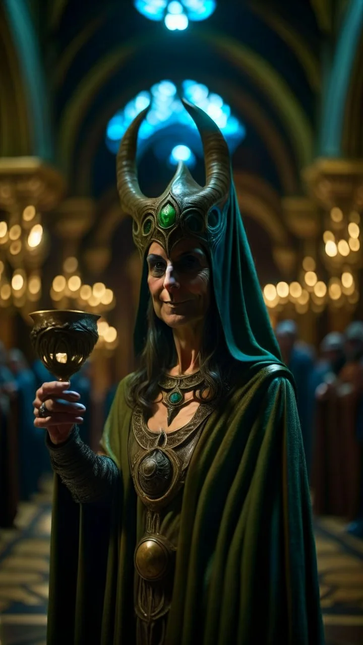 portrait of female Cthulhu priest carrying goblet signaling you to obey your master, inside hall in mountain, shot on Hasselblad h6d-400c, zeiss prime lens, bokeh like f/0.8, tilt-shift lens 8k, high detail, smooth render, down-light, unreal engine, prize winning