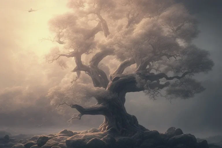 a beautiful digital painting of a marble tree entertwined in tumutluous clouds, intricate white branches and birds flying in the sunlight, blue sky at sunset, elegant, highly detailed, artstation, concept art, matte, sharp focus, art by tom bagshaw, kelogsloops and greg rutkowski