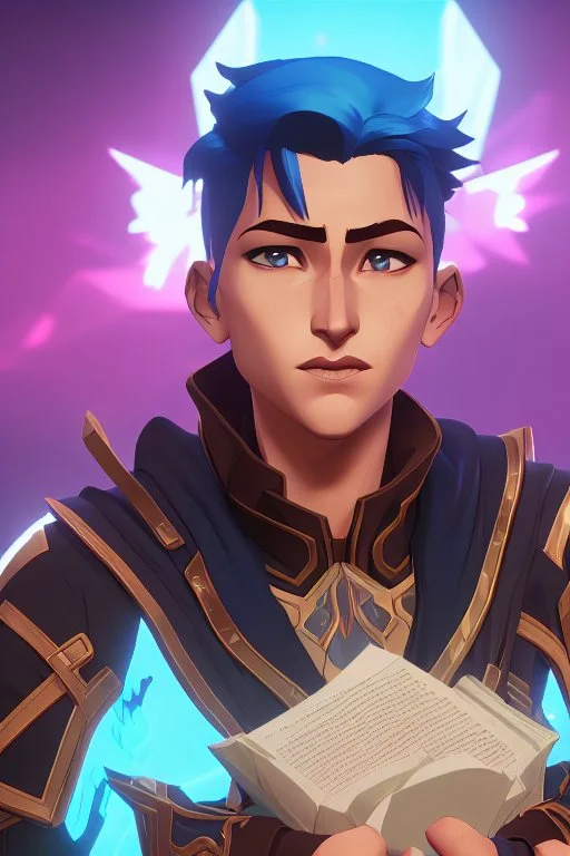 a human male with blue short hair and blue wings in assymetrical armor with geometric patterns and a book in hand