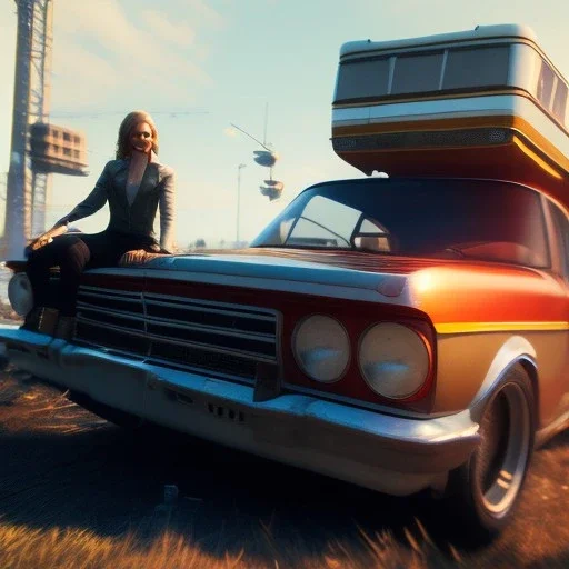 happy cute chick sitting on roof of a buss portrait, wreckfest, spectacular graphics, unreal