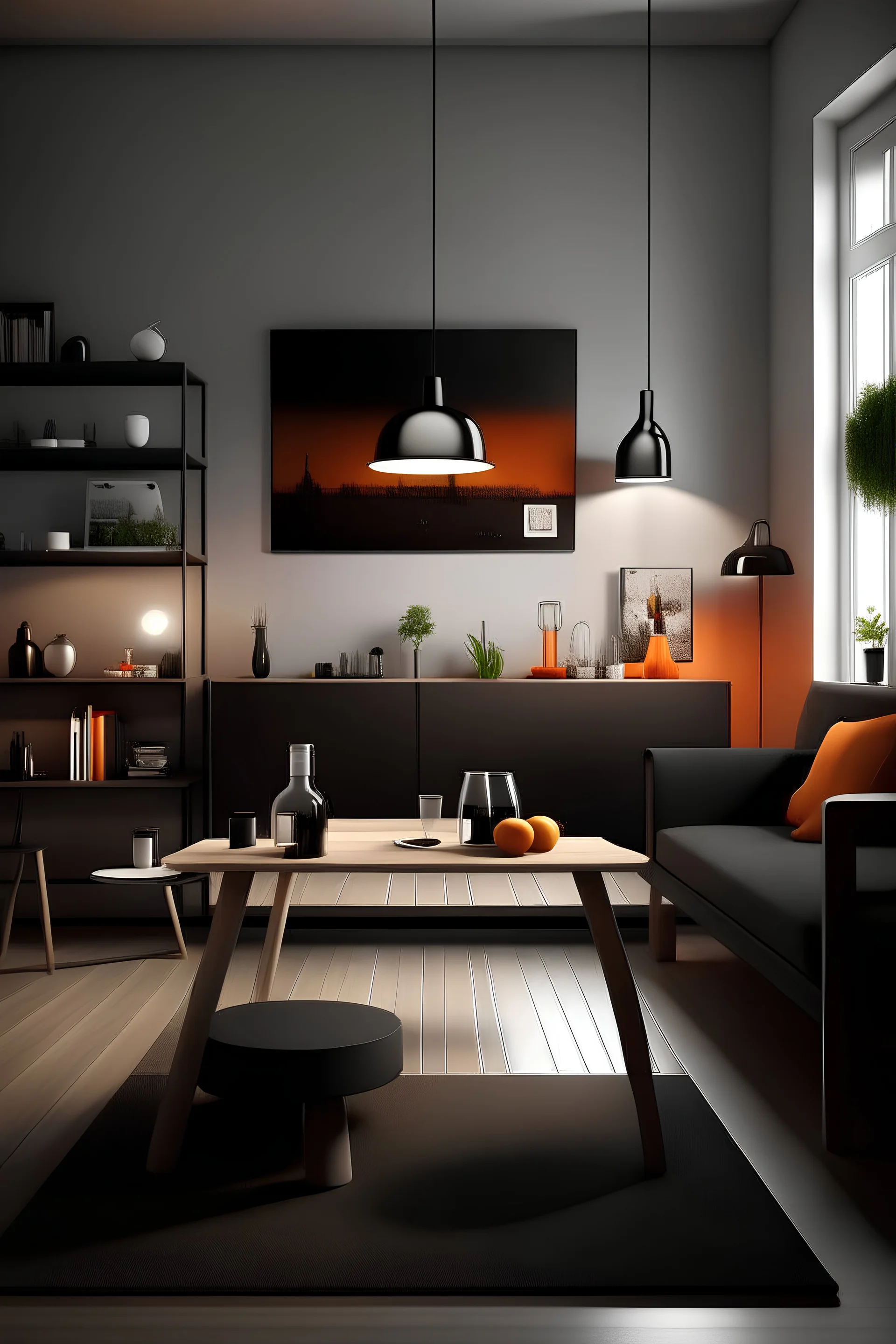 A LIVING ROOM THAT HAS A BLACK MODULAR COUCH, A RECTANGULAR DINING ROOM TABLE, WHITE WALLS, ONE WINDOW, A SHELF WITH SOME BOOKS SOME PICTURES AND A ORANGE ARTEMIS LAMP, A TV ON A MINIMALIST STAND WITH 2 LEGS, A SMALL CART WITH MEZCAL BOTTLES. PHOTORREALISTIC NIGHT SCENE