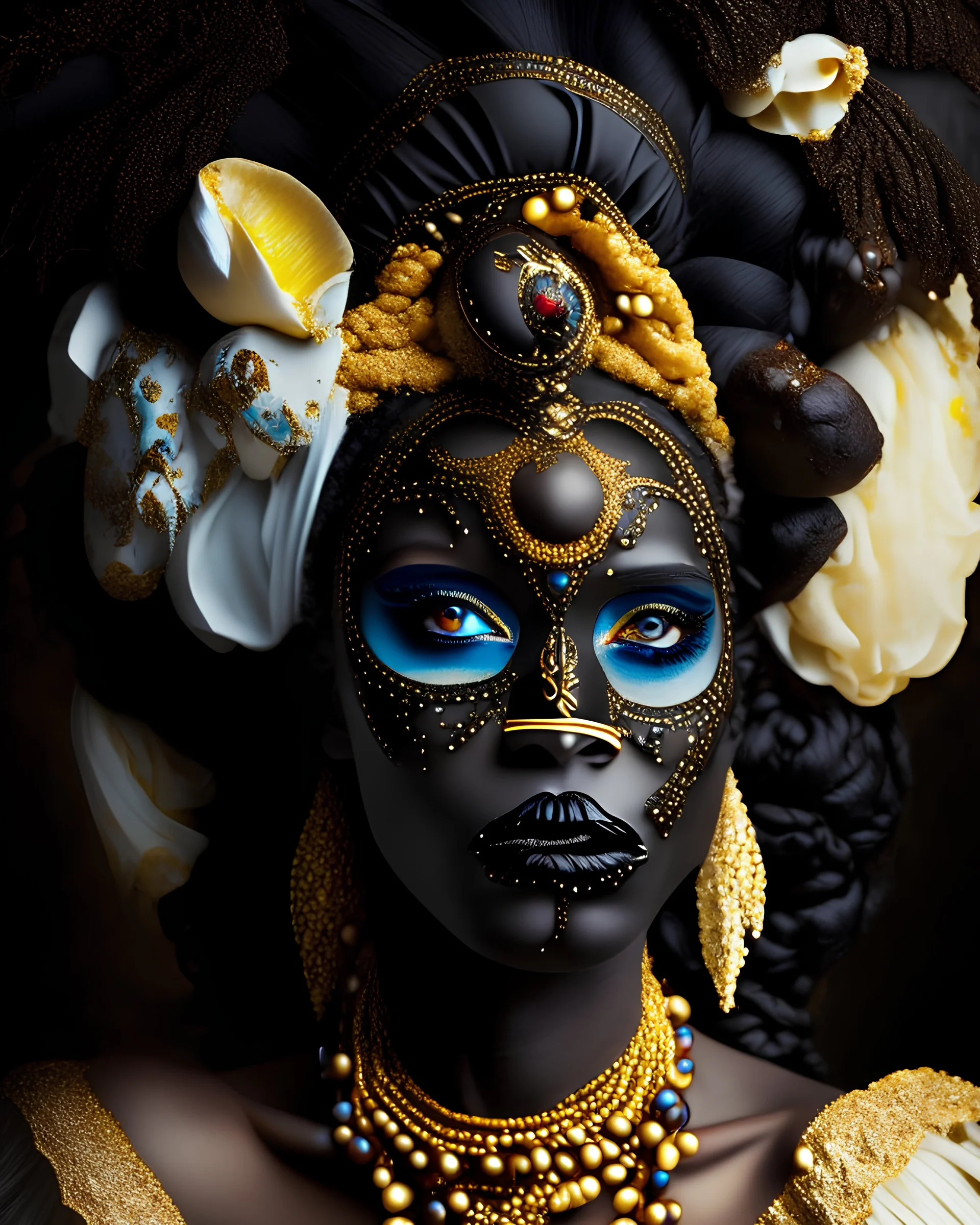 Beautiful vantablack carnival rococo style vantawhite woman portrait adorned with apicy vanilla crus, nutmeg beans driws caffwe beanss food and vinamon spyce with vanilla and Fried fruit food headdress wearing voidcore etherial shamanism rococ style venetian carnival like mineral stone ribbed wooden filigree cinamon colour face masque wearing Golden ad copper Dusty make up on glitter covered make up on, wearing floral embossed rococo voidcore shamanism style costume armour dress Extremely d