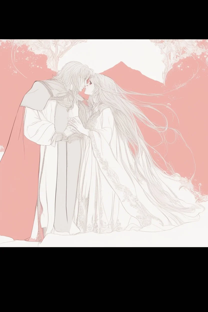 Couple from dnd kissing, woman with white hair wearing a dress, man with long black hair tunic and red cloak.