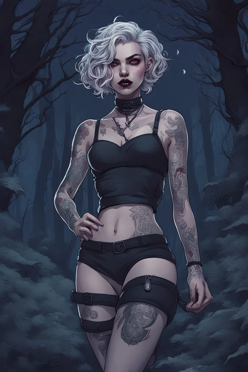 tattooed vampire girl showing fangs with short cropped curly cyberpunk hair wandering in tangled forest in the moonlight