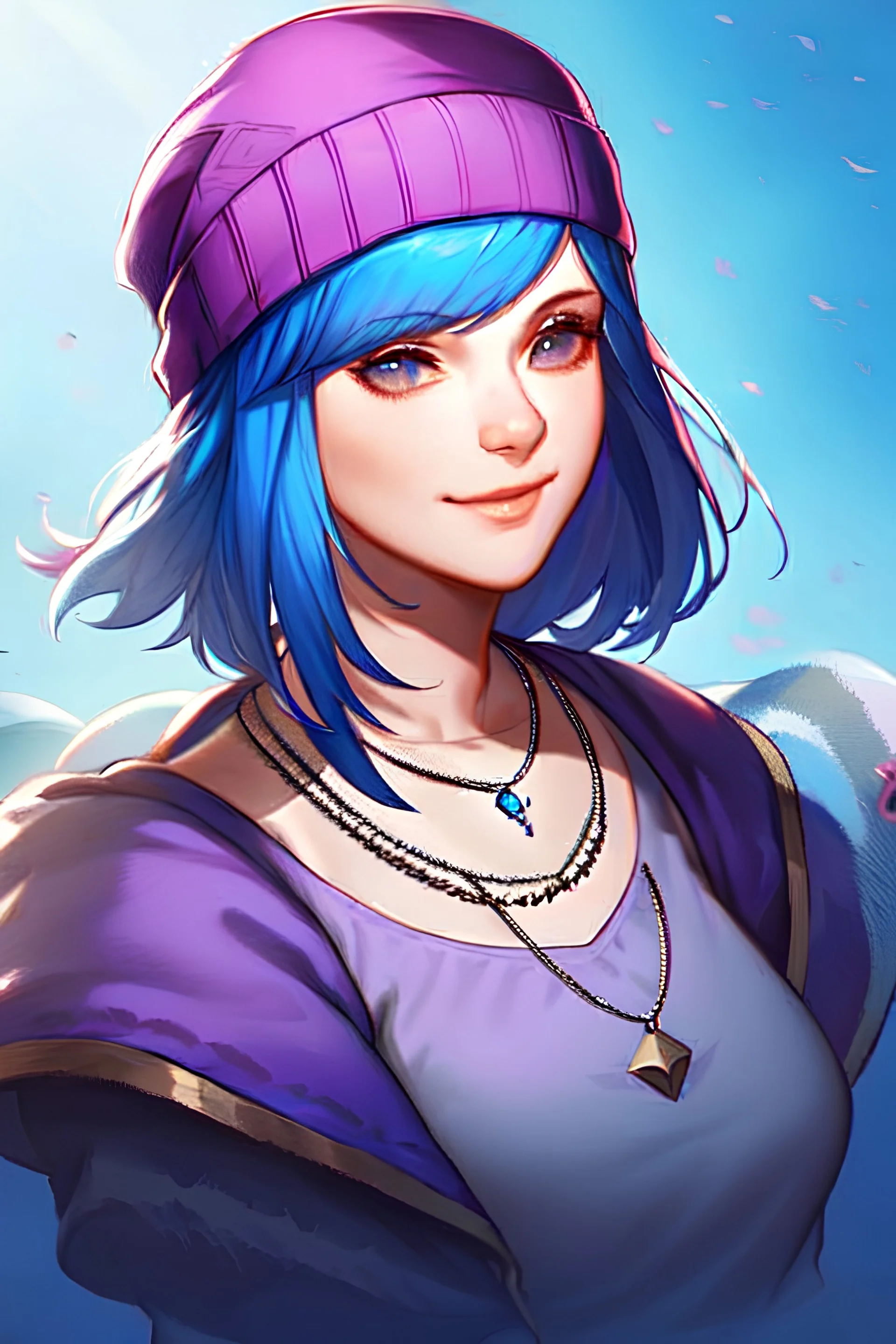 A realistic drawing of Chloe Price, the girl with the blue hair from the videogame "Life Is Strange", pretty, professional, of great quality, wearing her usual purple beanie cap and her 3 bullets necklace, being happy.