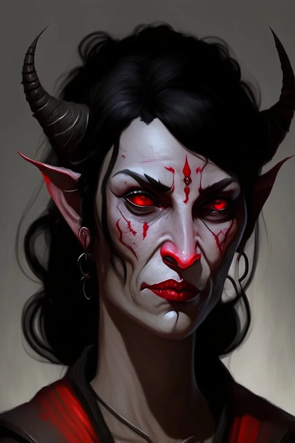 A kind looking tiefling woman in her 40s. She is motherly, with black hair and red eyes. She has scars and wears black