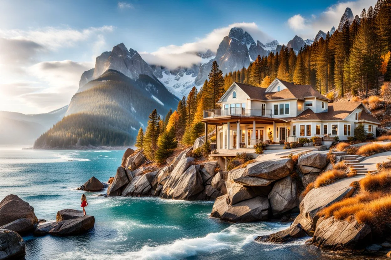 pretty dream houses in rocky mountain in wavy sea side, 1beautiful lady standing on rock