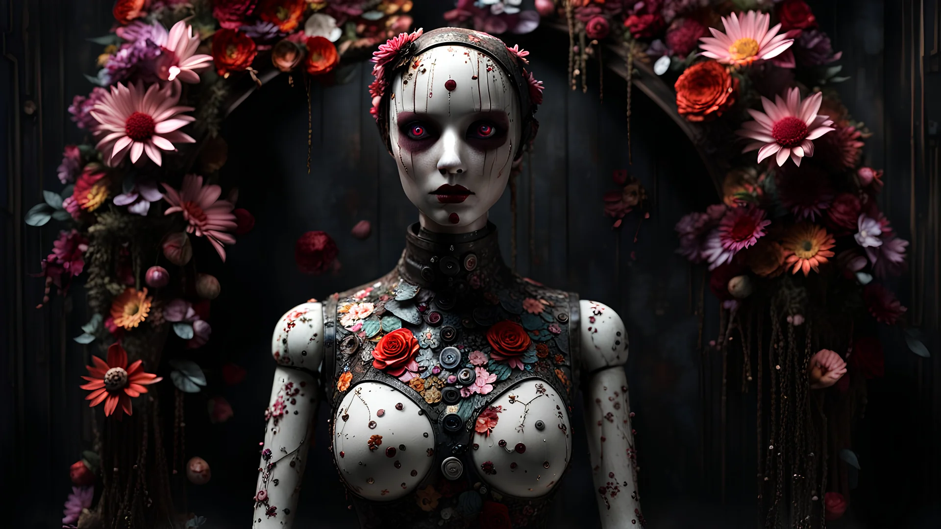 A gritty horror game rendering of a creepy posable art mannequin with articulated joints, the art style of Silent Hill, decaying, liminal spaces, eerie, flirty, painted mosaic porcelain, wet, glossy, luminous eyes, colorful flower petals, dark fine arts, morbid fine arts, macabre fine arts, 16k resolution, high quality, sharp focus, intricate details, highly detailed, chaotic, dynamic lighting, backlit, photorealism, canon lens, full figure shot, deep color, black, white and crimson hour