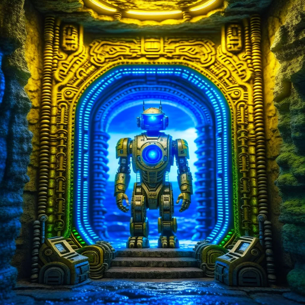 portrait of ancient godlike chat robot i, in front of teleporter portal to the sea in an underground grove, 8k, down-light, soft light, depth of field, photo realism, trending on art station, high detail