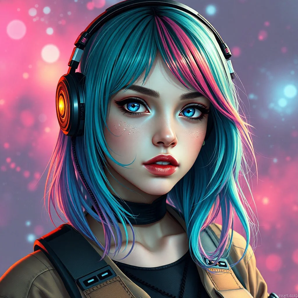 a pretty cyberpunk astronomer girl, coloured hair, futuristic