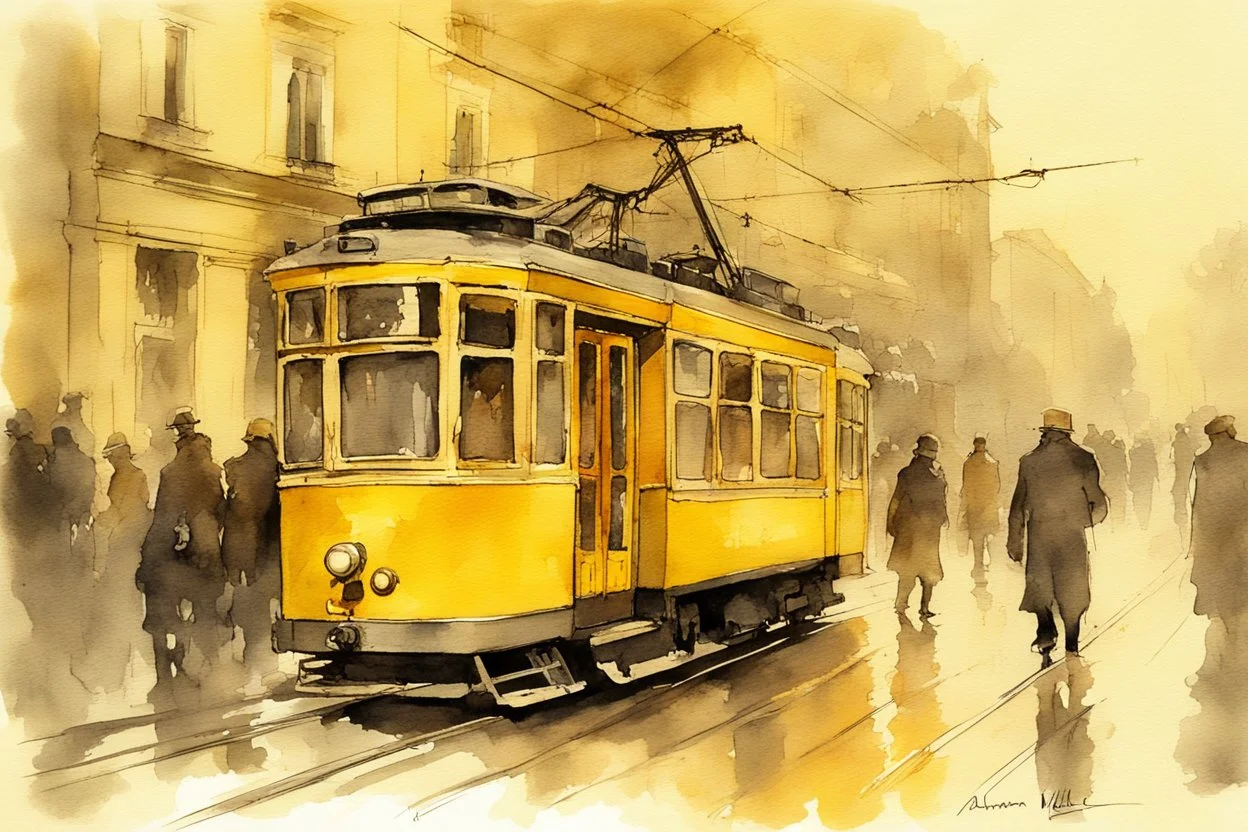 yellow tram in Budapest, style Alvaro Castagnet, Anton Pieck highly detailed elegant very attractive beautiful dynamic lighting watercolor aquarelle Thomas Wells Schaller