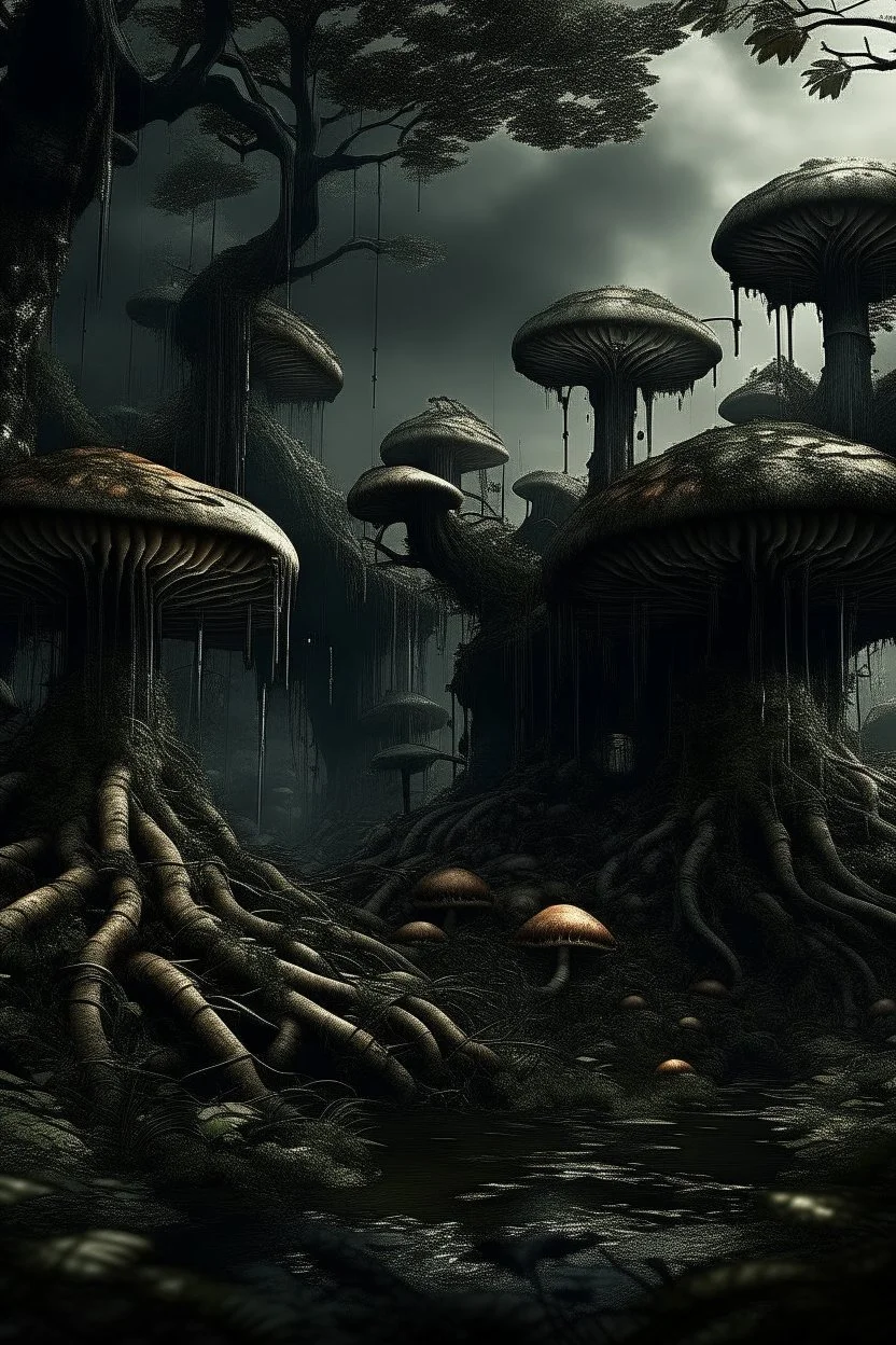 scary dark mushroom city in the forest