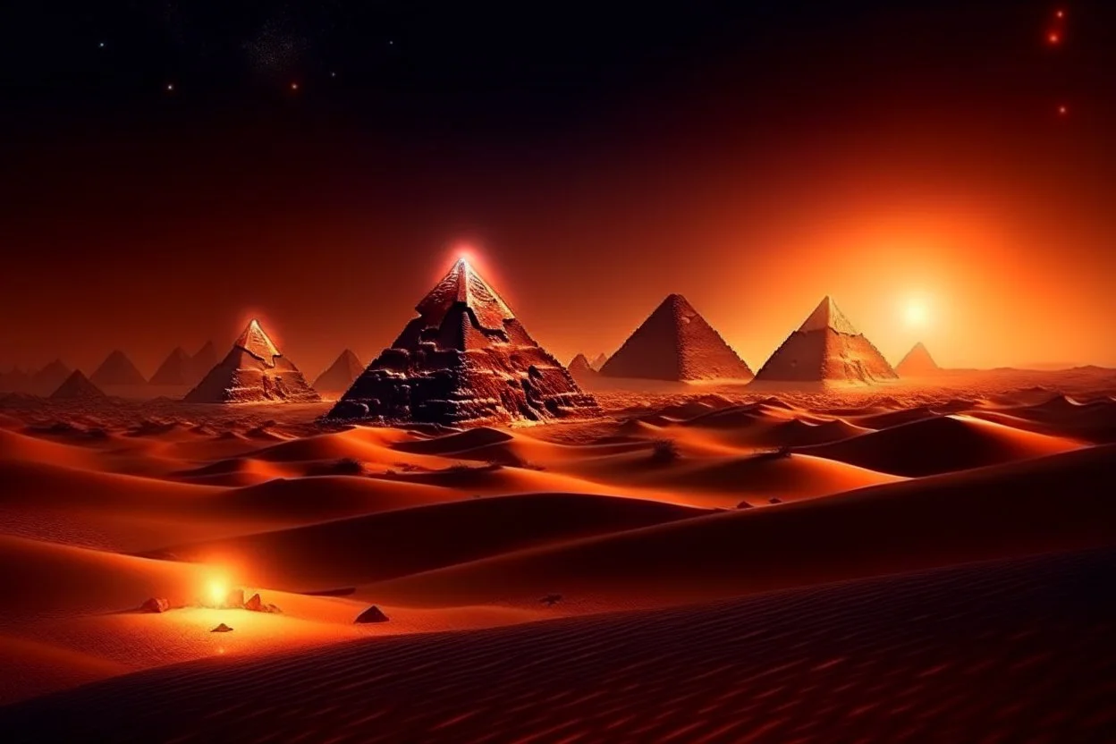 An Egyptian desert with glowing pyramids