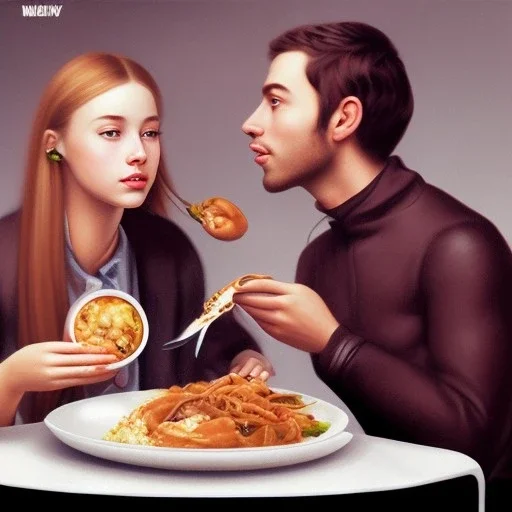 A girl eating a meal with her boyfriend who is hiding an erection