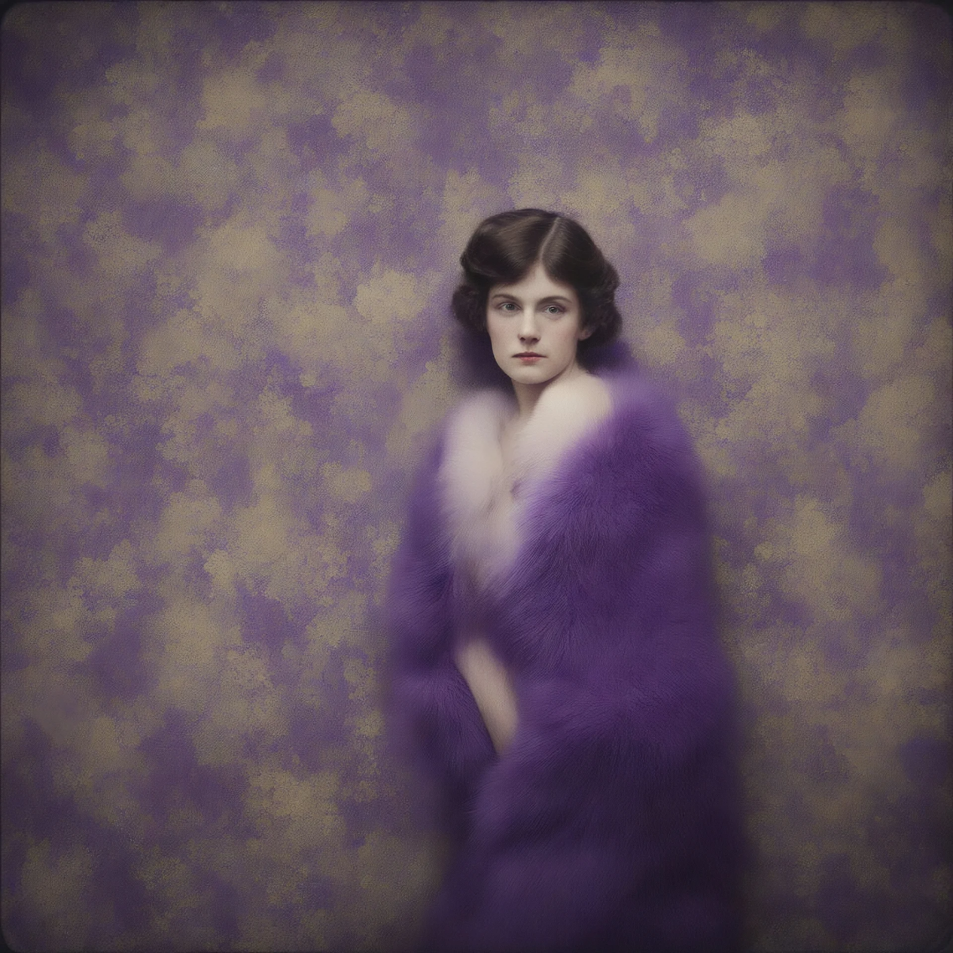 Sidney Sweeney, purple fur, flowered wallpaper background, old autochrome