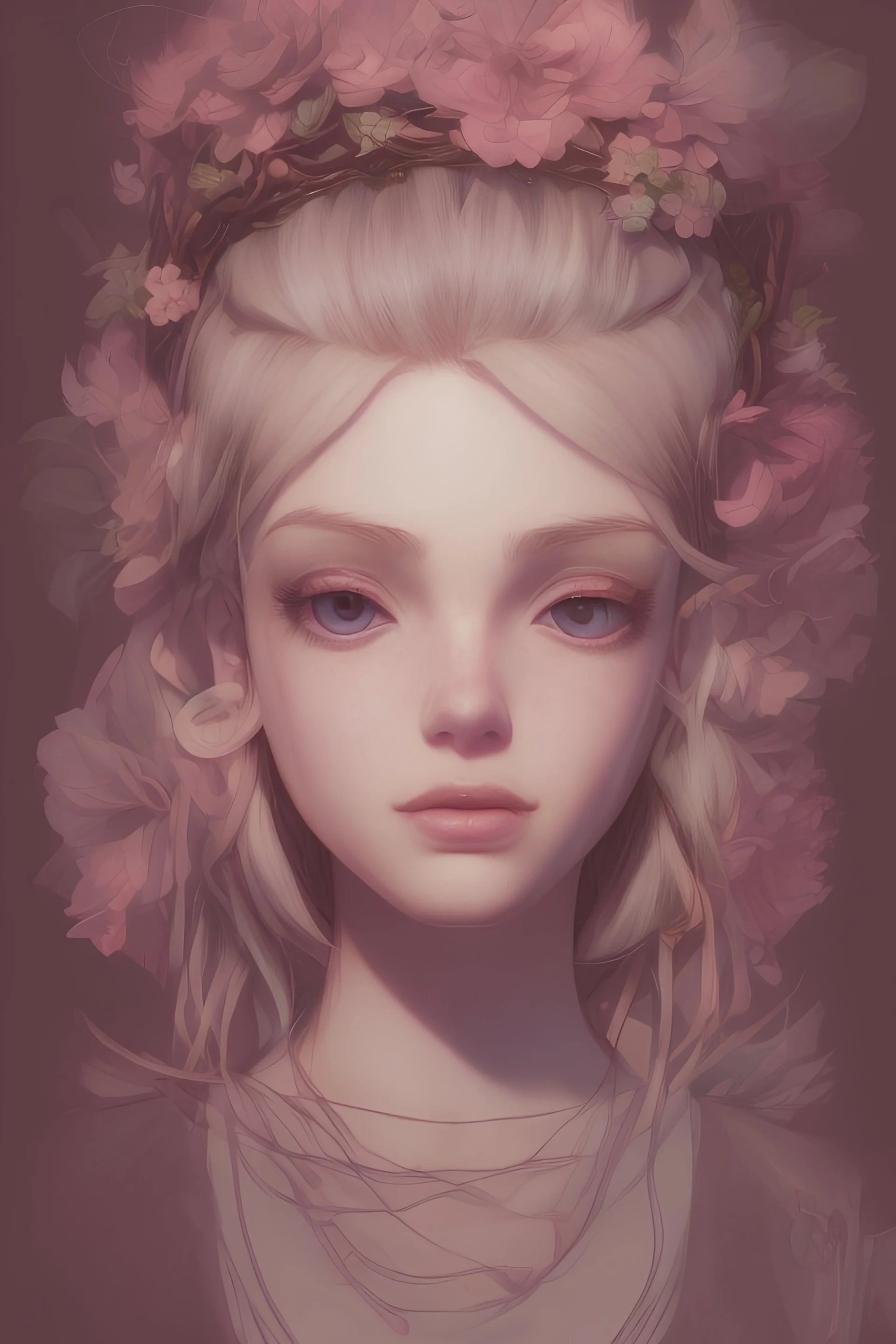 female wearing a crown of flowers, smooth big dreamy eyes, beautiful intricate colored hair, symmetrical, anime wide eyes, soft lighting, detailed face, by makoto shinkai, Stanley art germ lau, wallop, ross-draws, concept art, digital painting, looking into the camera