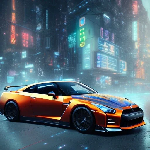 Nissan GT-R, red, orange, yellow, green, blue, purple, masterpiece, expert, 8K, hyperrealism, sharp focus, cinematic lighting, cyberpunk, cityscape