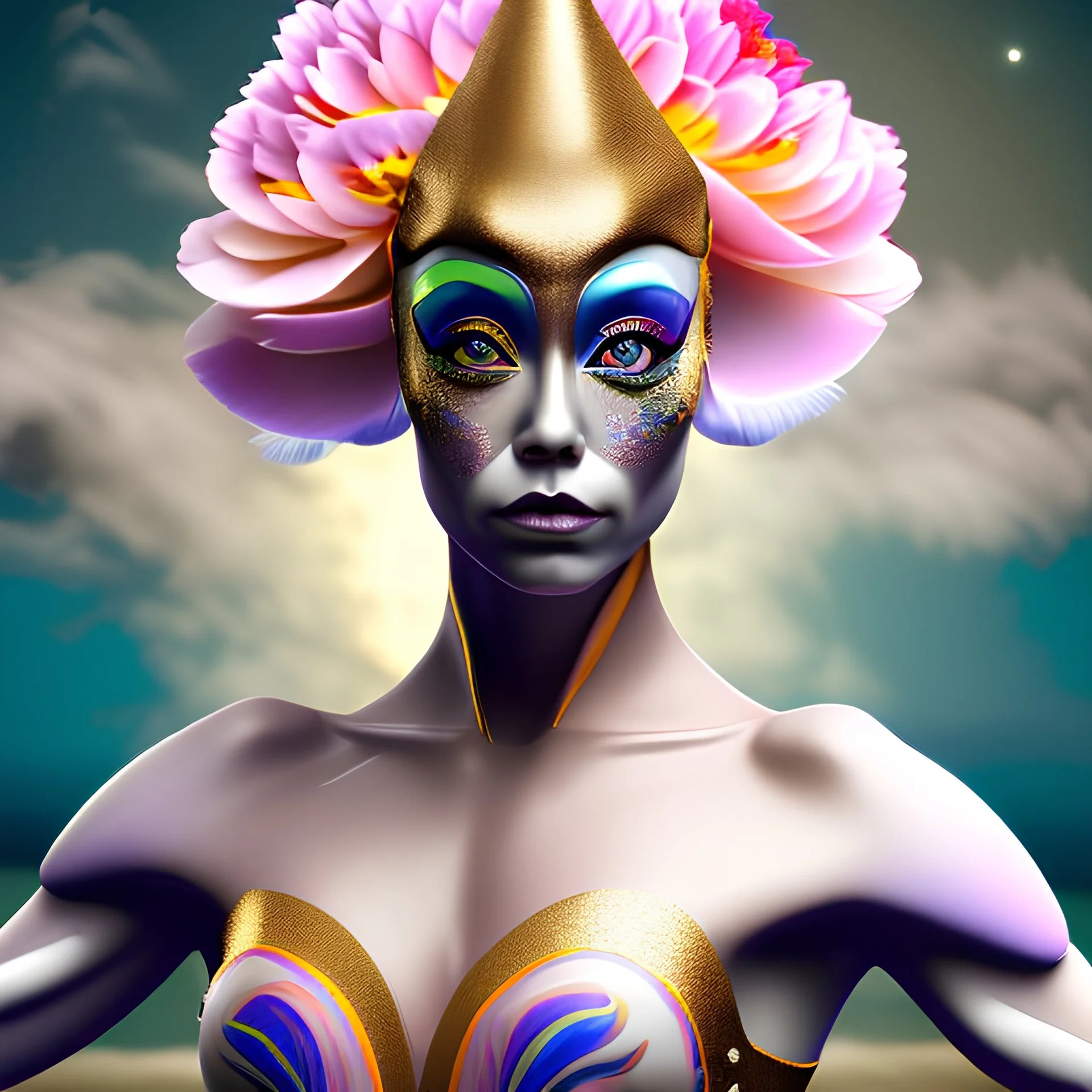 PHOTOREALISTIC PORTRAIT OF A GIRL of Cirque dU soleil, WALKING ON THE SHORE AT THE MOONLIGHT, AND EMBRACING PINK YELLOW PEONIES, VIVID colors: torquoise, pale salmon, persimmon, grey-green , pale lemon yellow, greenish gold, metallic bronze. ULTRA detailed; CORRECT anatomy, FACE and eyes, HIGH RESOLUTION AND DETAILS, HIGH DEFINITION, STYLE BY RAFFAELLO, MICHELANGELO, KAROL BAK, ANDY WARHOL, Anna Dittmann