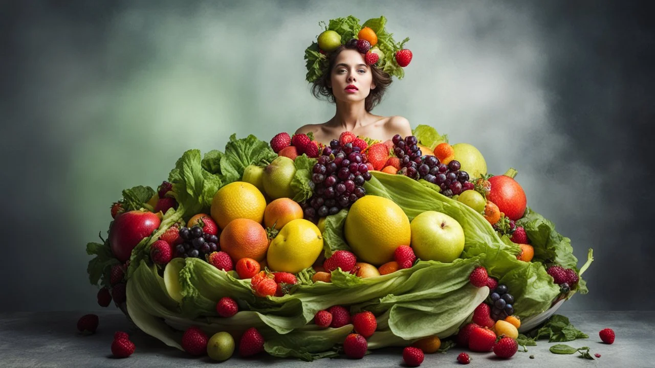 Dramatic dynamic photography portrait of a fruit woman in a salad dress, photograph inspired by Igor Morsky in the style of Sophie Delaporte, beautiful fairy model, textured, volumetric lighting, bright colors, exciting
