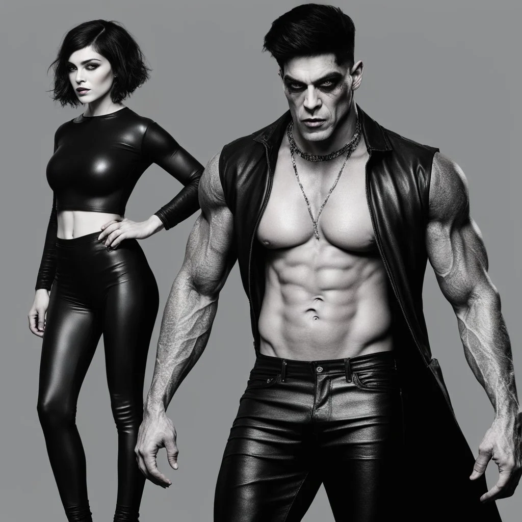 An extremely muscular young man who resembles an old, decomposing zombie with pixie-cut black hair, wearing a black leather jacket and pants, standing next to a beautiful woman with auburn hair who resembles the wicked witch of the west, wearing a black two-piece bathing suit with a perfect shaped, stacked body, and a perfect face, 4k, 8k, 32k UHD, Hyper realistic, extremely colorful, vibrant, photorealistic, realistic, sharp, highly detailed, professional quality, beautiful, awesome, majestic,