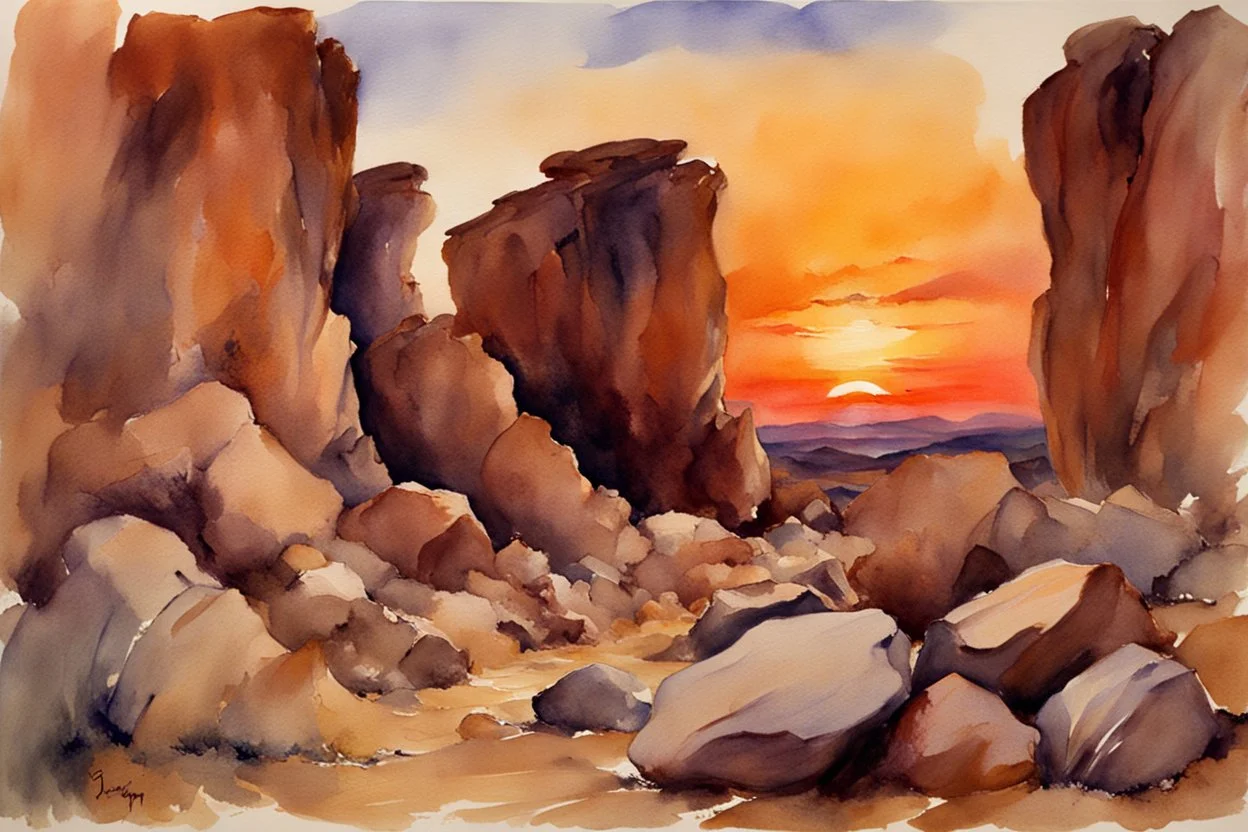 Sunset, rocks, mountains, rocky land, epic, john singer sargent watercolor paintings