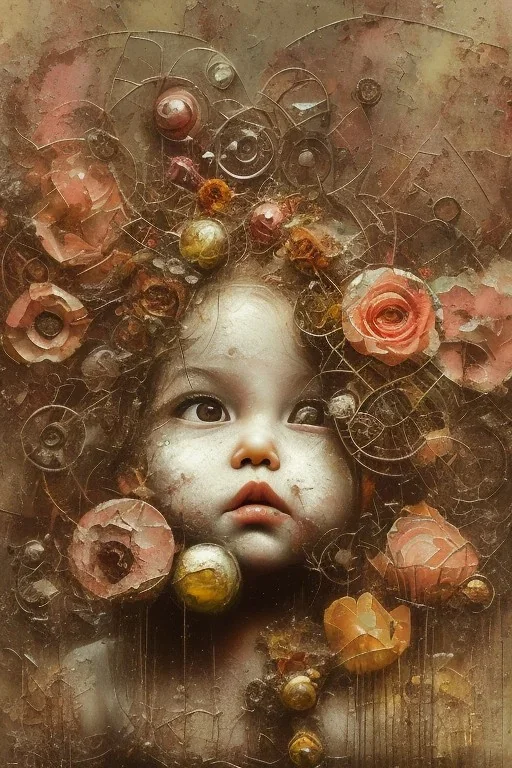 an abstract painting of rusted metal and flowers, heart filled with love white young baby, rust, scaffolding, iron cladding, decay, mixed media, textured, anatomically correct, beautiful perfect face, sharp focus, highly detailed