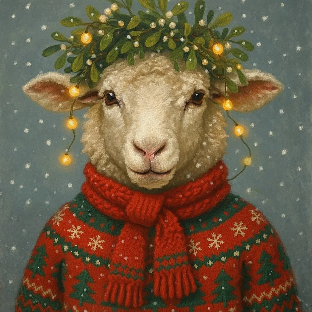 festive Whimiscial sheep in snow, with lights dressed for Christmas in holiday sweater