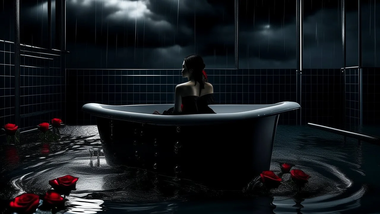 "A sleek, modern bathtub sits against a dark, noir-inspired backdrop of a stormy night. The sky is a deep, ominous black, with flashes of lightning casting a stark white light over the scene. A solitary figure stands beside the bathtub, silhouetted against the darkness, with a red rose floating in the water. The atmosphere is dramatic and mysterious, with a focus on high contrast and deep shadows."
