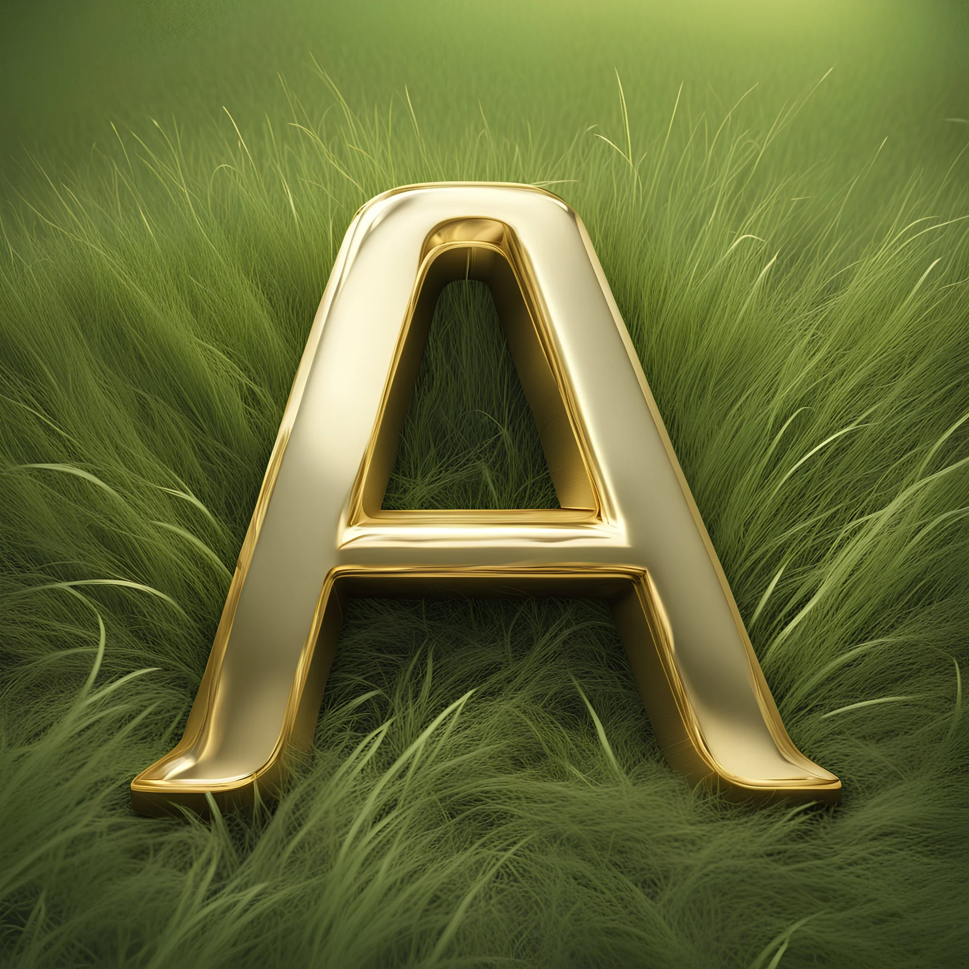 the letter A, 3d letter design, made of shiny gold metallic finish, kept on natural grass, highly realistic