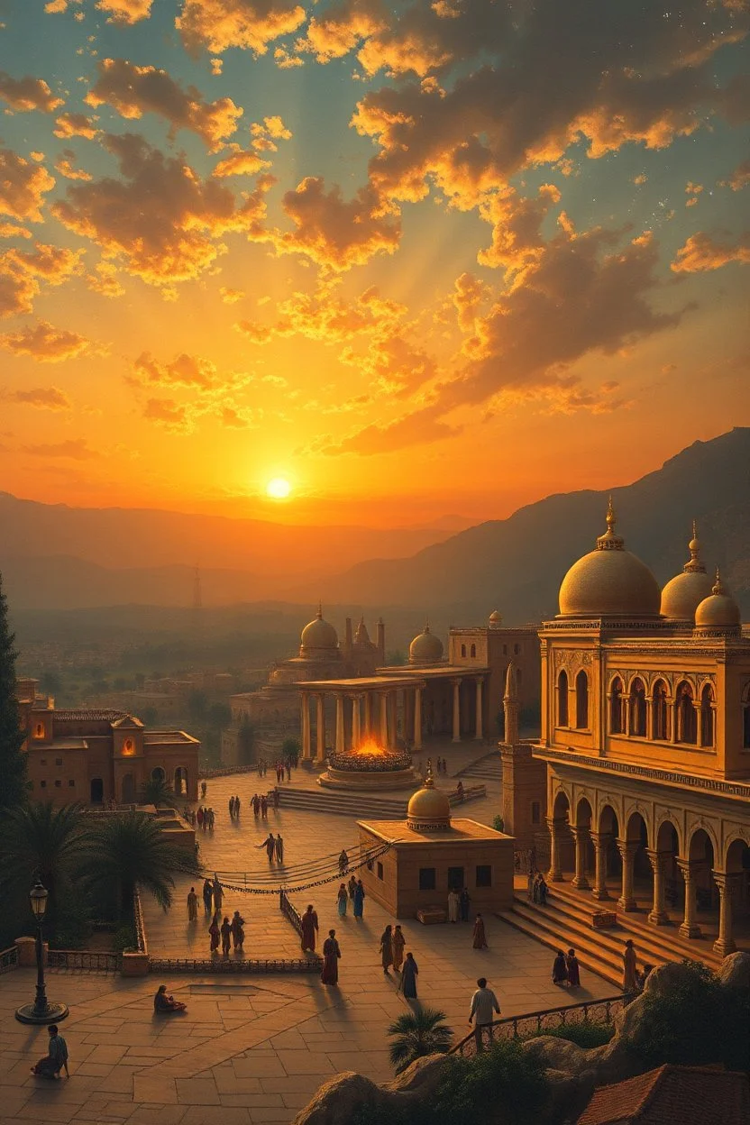 ancient painting. a beautiful Middle-Eastern scene at sunset. atmospheric. huge palace and immense view of the night sky.