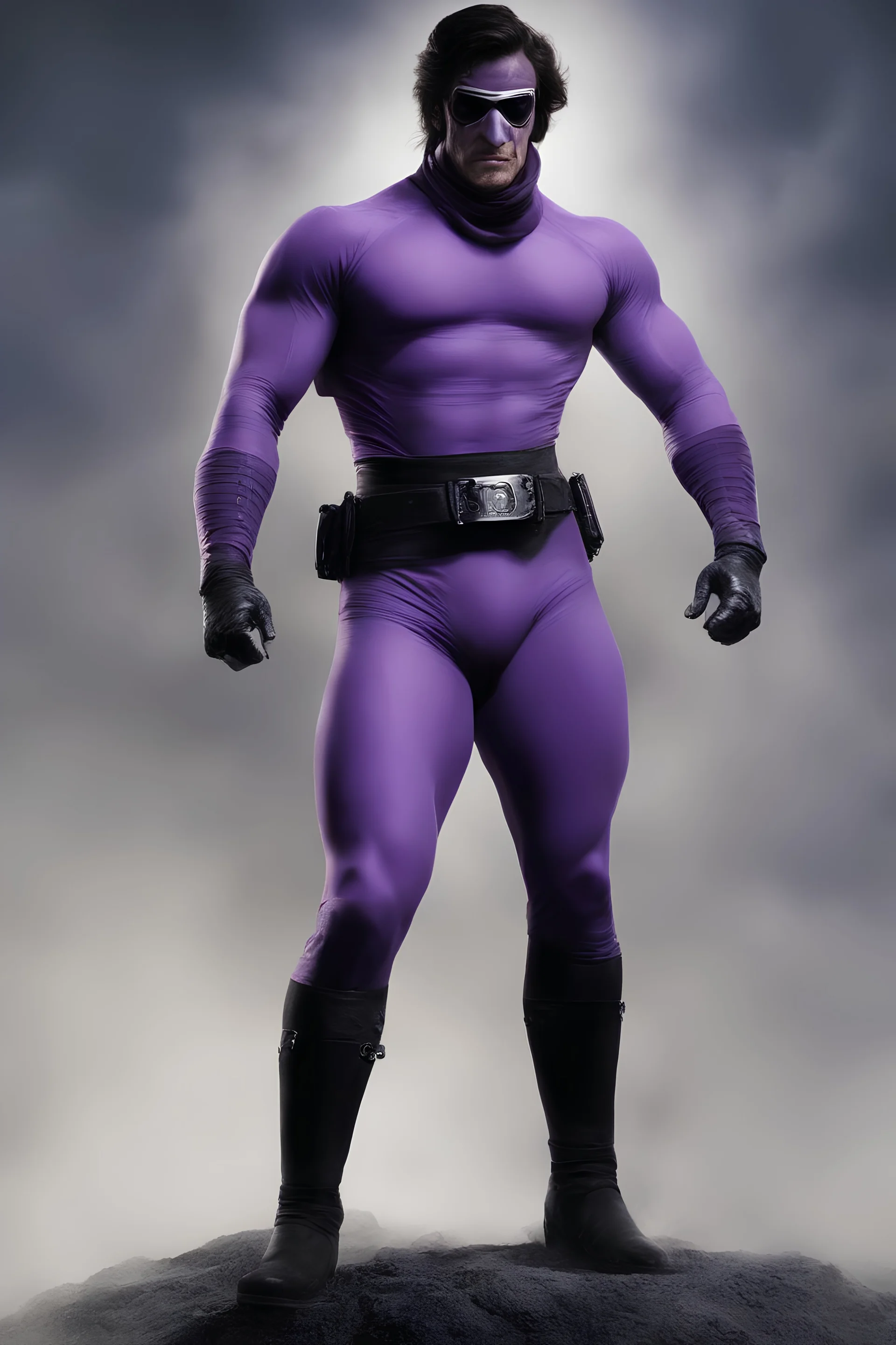 Kent Walker aka THE PHANTOM, Strong, athletic physique, action poses, wearing a skin-tight, formfitting purple bodysuit with a skin-tight, formfitting purple cowl, black eye disguise, black utility belt and double holstered pistol belt, black knee-high boots, glowing white eyes, battle scars, blood, ((foggy, cloudy background, multicolored lightning, flowing lava, Full Eclipse, aliens, explosions, bright, vibrant, extremely colorful, detailed, blood red skies))