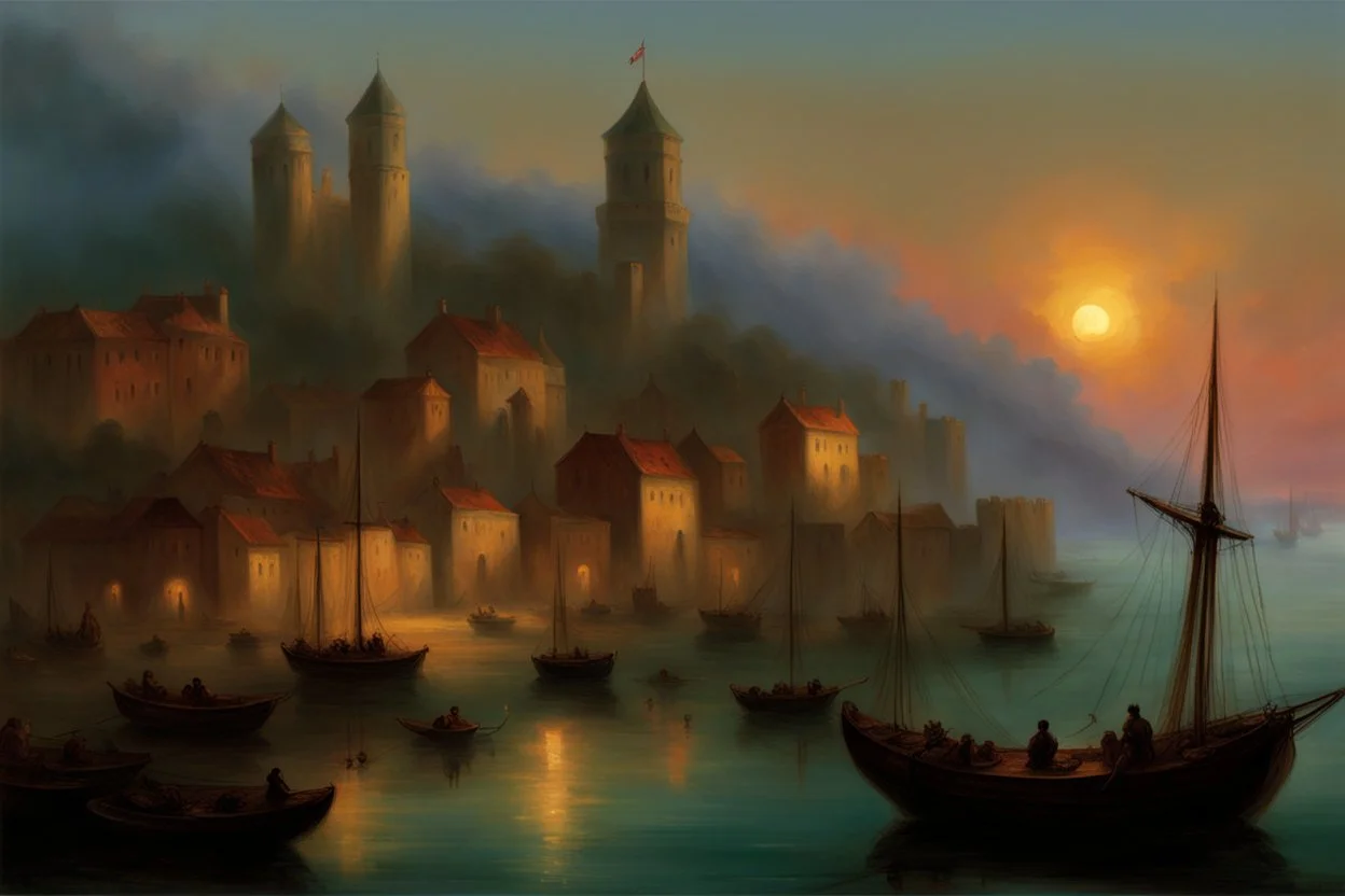 a medieval town by the sea at sunset by artist "Ivan Constantinovich Aivazovsky"