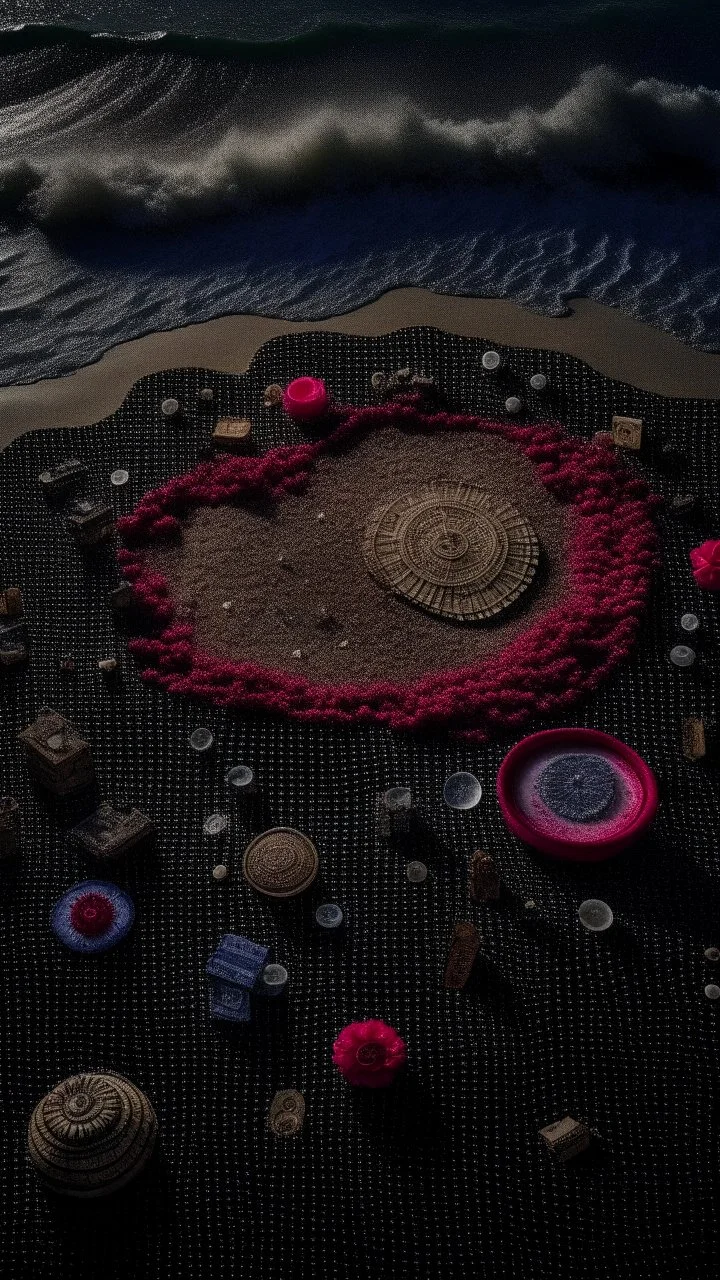 bird's eye view of shipwreck, seashore, moonlit night, foam waves, stands out an ancient crown set with ruby and different indecipherable coins between salt and sand, a wig, gloves, a compass , an abacus, kodak, fuji film, hgtv, 12k ursa, cinematic