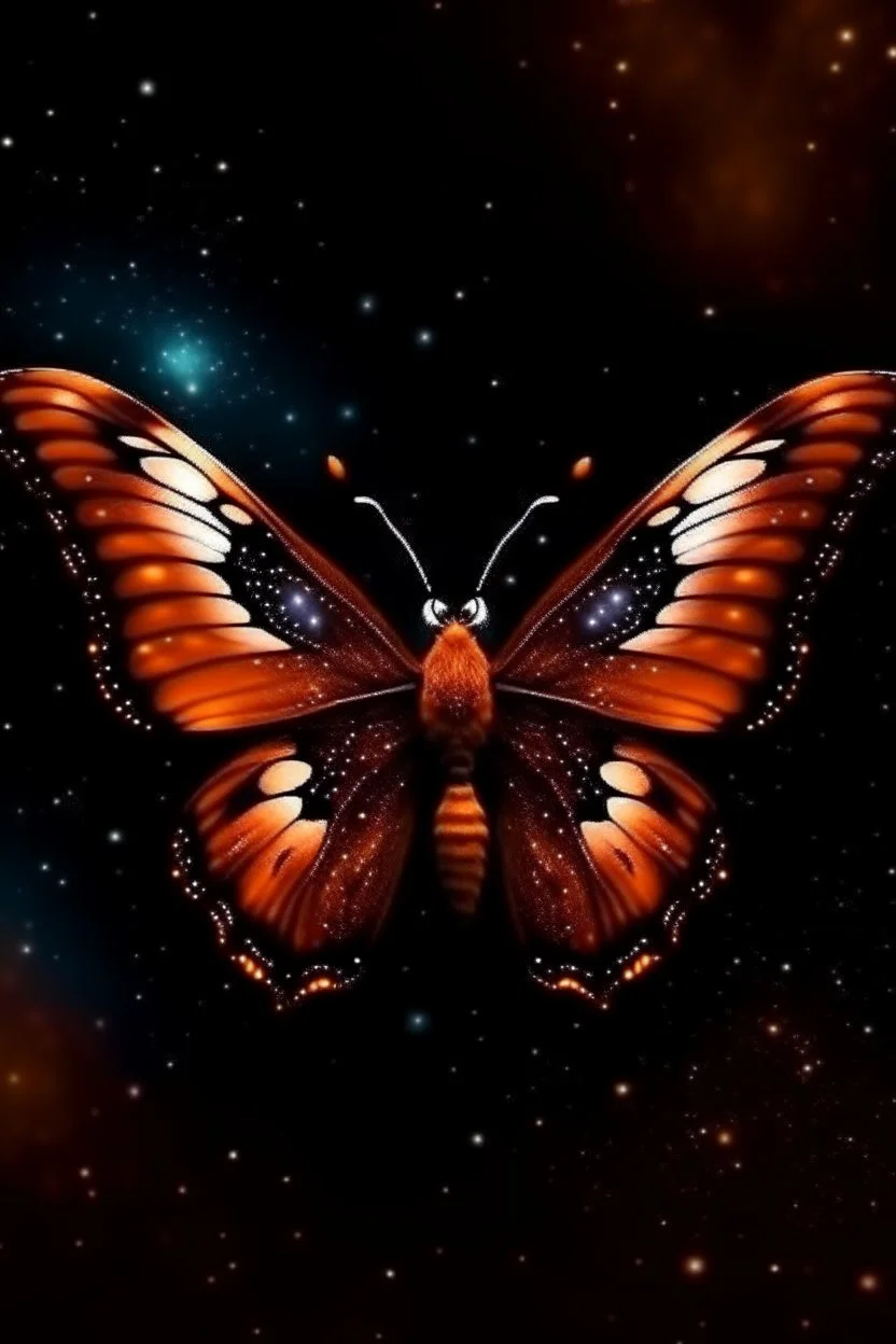 A luminous brown butterfly in a galaxy in space