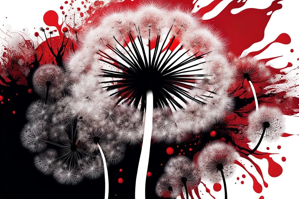 Sunrise with Dandelions, ,amazing depth, high textures, surreal, weird, white-black colors, lying body betwen dandelions, , , red blood, splash art, intricately detailed, sharp focus, stunning, weird dark mood