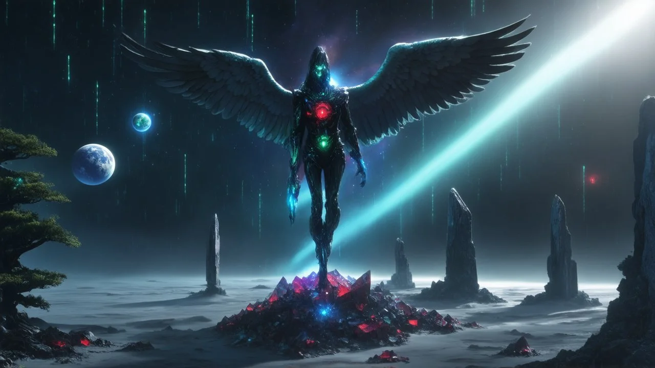 matrix, god creation, few planets on the back ground. small and large deposits of monoliths of red, blue, and green crystals of tiberium on the right side, seven space trees on the left side of the angel from the other dimensions.