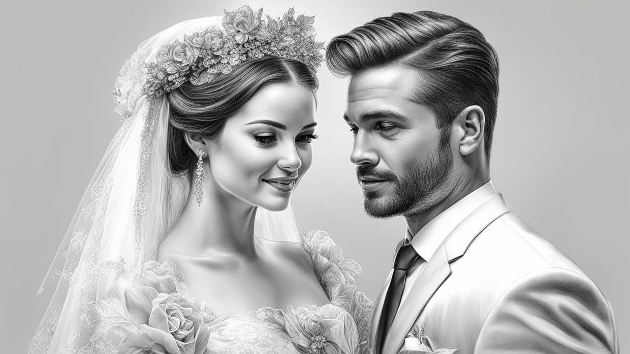 white background, bride and groom, black and white pencil drawing, 3d, 64k, high resolution, high detail, computer graphics, hyperrealism, f/16, 1/300 sec. digital painting, double exposure,