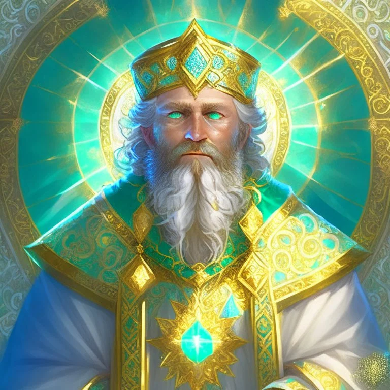 Father Povion's formal title is Grand Prelate of Aére. He is a short and stout halfling, with a bushy beard and bright blue eyes. On his head is a crown of gold, adorned with a sunburst shaped emerald. The center is eternally glowing, and its rays are formed by intricate gold filigree. He wears a long, white robe with gold embroidery. He carries a golden scepter, which is said to be a gift from Aére himself. He is in charge of everyone at the Dawn Temple.